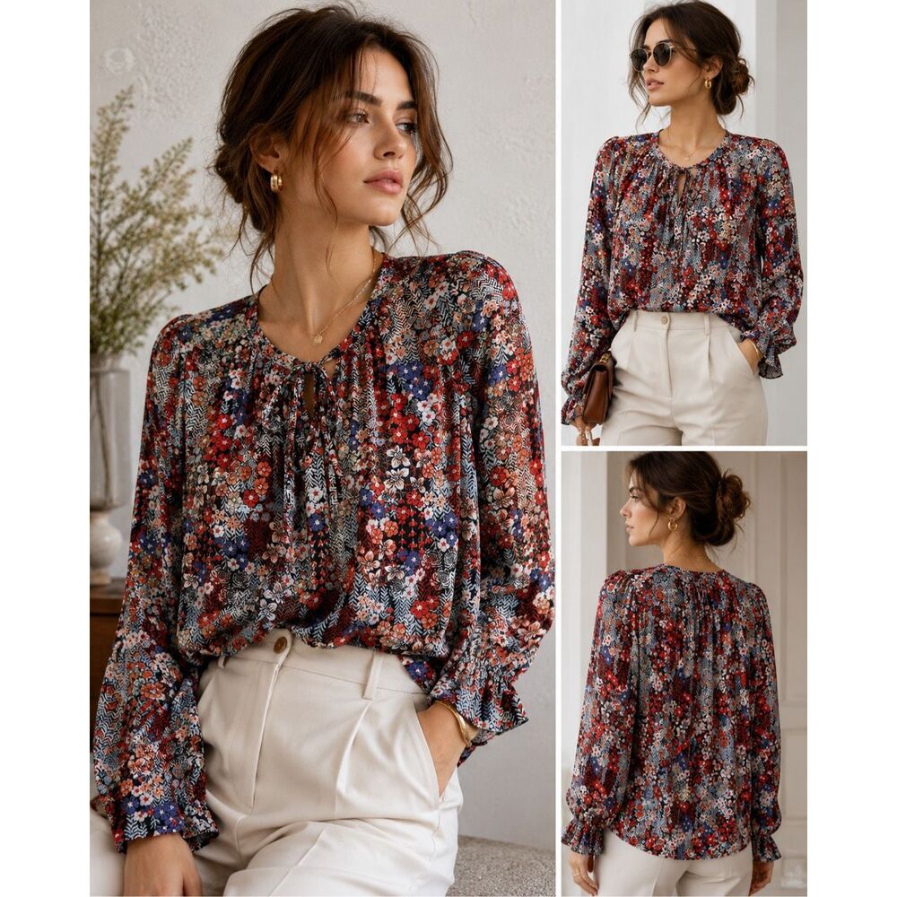 Luxury Boutique Floral Print Tie Neck Long Sleeve Boho Blouse Size M - Picture 2 of 9